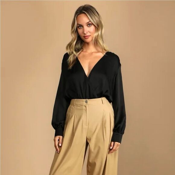 Lulus Vibe For Tonight Black Surplice Long Sleeve Chain Bodysuit - Size XS - Picture 3 of 7